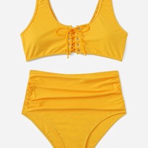 Plus Lace-up Top With High Waist Bikini Set